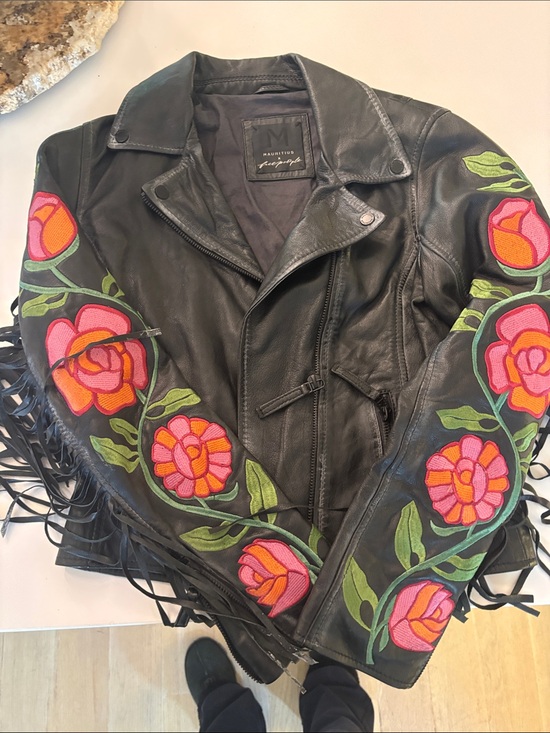 Free People Jackets & Blazers - Free People Black Leather Moto Jacket with Pink & Orange Floral Embroidery